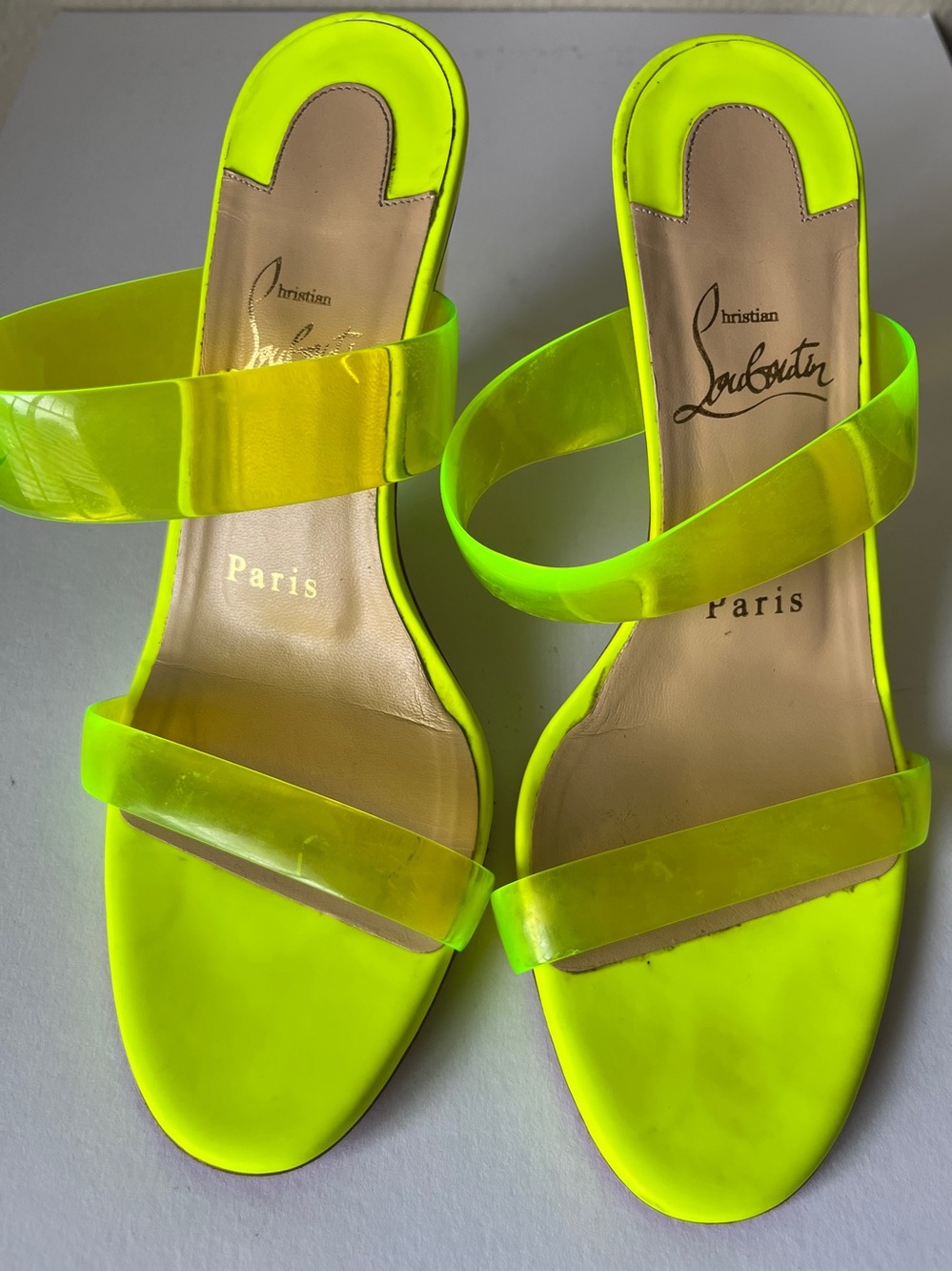 Christian Louboutin Neon Yellow Translucent Strap Slide Sandals